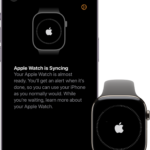 An iPhone and Apple Watch showing their syncing screens.