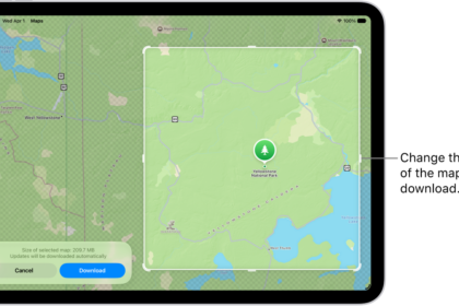 An iPad with a map of a national park. The park is framed by a rectangle with handles, which can be moved to change the size of the map to download. The selected map's download size is indicated near the bottom of the map. The Cancel and Download buttons are at the bottom of the screen.