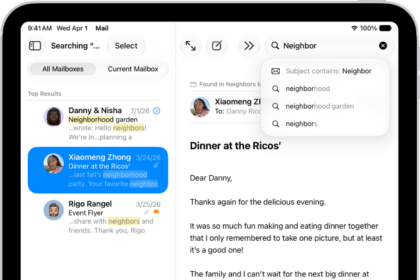 A message is open in the Mail app, and search terms are being typed in the screen's sidebar.