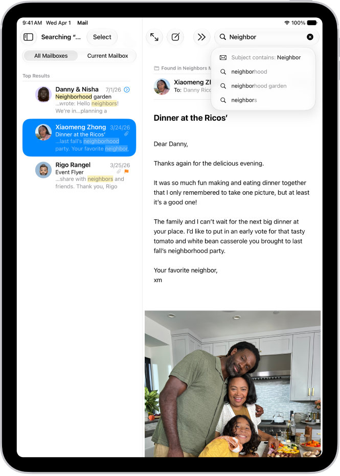 A message is open in the Mail app, and search terms are being typed in the top right.