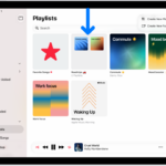 The Music app open on iPad with the sidebar on the left and the list of playlists on the right. At the top are buttons to create a new playlist or create a new folder. A blue arrow is pointing to a playlist folder named Roadtrips.