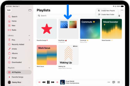 The Music app open on iPad with the sidebar on the left and the list of playlists on the right. At the top are buttons to create a new playlist or create a new folder. A blue arrow is pointing to a playlist folder named Roadtrips.