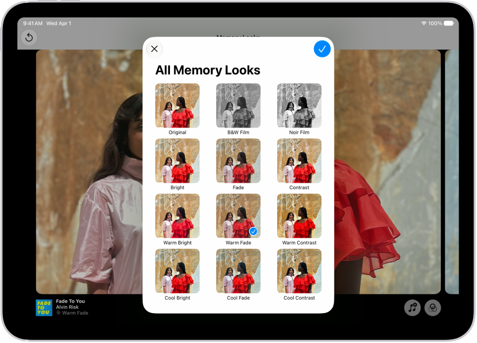 A memory movie is playing and in the middle of the screen are the options for applying a Memory Look.
