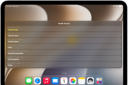 An iPad with the Braille Access menu open, showing the following options: Launch App, Choose Item, Braille Notes, BRF Files, UEB Calculator, Live Captions, and Time.
