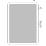The front view of iPad with callouts to the top button and Touch ID at the top right. The volume buttons, front camera, and microphone are on the right side.