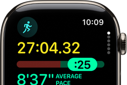 The Workout app on Apple Watch showing the Pacer view in an Outdoor Run workout. At the top is the duration of the run. Below is a slider indicating how far or behind you are in your pace. Average Pace, Current Pace, and distance are below.
