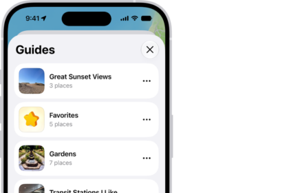 A list of several custom guides in Maps, including a Favorites category, and the New Guide button at the bottom right.