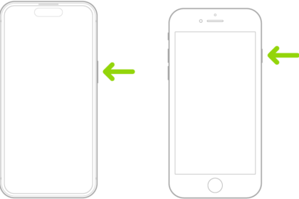 A green arrow pointing to the button on the right side of iPhone.