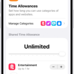 A Time Allowances screen in Screen Time settings showing time allowed for categories like Games, Entertainment, and Productivity.