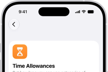 A Time Allowances screen in Screen Time settings showing time allowed for categories like Games, Entertainment, and Productivity.