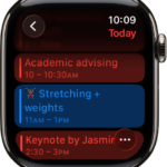 Calendar screen showing a list of the day's events. Events are color coded to match the calendar they belong to.