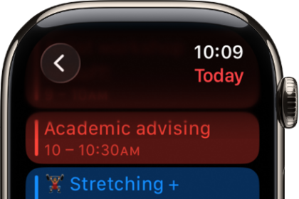 Calendar screen showing a list of the day's events. Events are color coded to match the calendar they belong to.