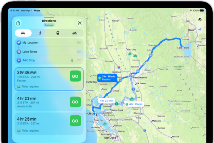 An iPad showing a map with several driving route options to the same destination. Each route shows the estimated time and distance, and a Steps button to see detailed directions. Color coding on each route indicates traffic conditions.