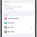 The Maps app showing the Details screen with options to set an address as home, work, or school.
