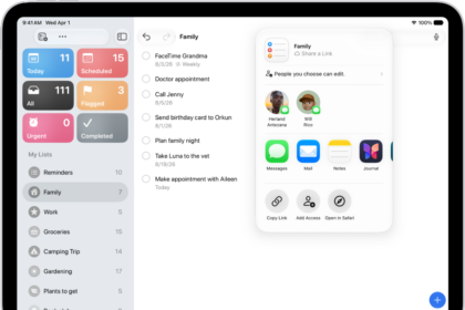A Reminders screen showing a list with options for sharing on the right.