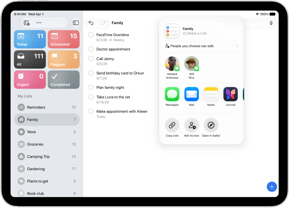 The Reminders app, showing a grocery list with options for sharing on the right.