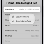 An account screen showing the user name highlighted, with options to Copy User Name and Show in Large Type.