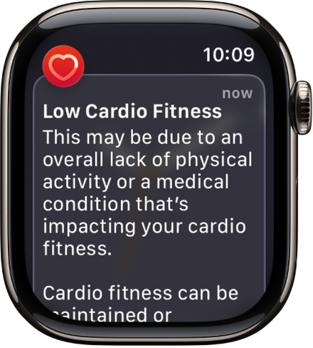A Heart Rate alert, indicating low cardio fitness.