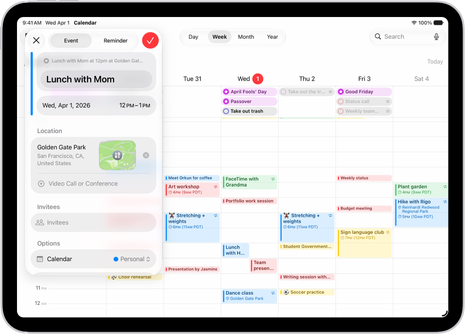A calendar in Week view showing the create event window.