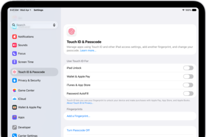 A screen showing settings for Touch ID & Passcode, with options to add a fingerprint and turn passcode on.