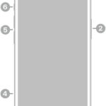 The front view of iPhone 13. The front camera is at the top center. The side button is on the right side. The Lightning connector is on the bottom. On the left side, from bottom to top, are the SIM tray, the volume buttons, and the Ring/Silent switch.