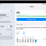 The charging information card in iPad Battery settings. The card shows the battery at 80% with the message "Charged to 80% Limit." A button provides the option to "Charge to 100%.