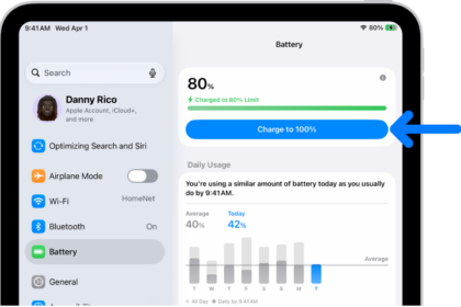 The charging information card in iPad Battery settings. The card shows the battery at 80% with the message "Charged to 80% Limit." A button provides the option to "Charge to 100%.