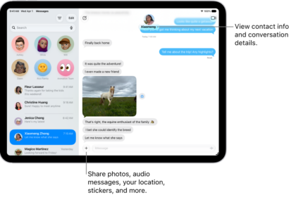 A Messages conversation list on the left and a conversation transcript on the right. At the top, tapping the contact icon opens conversation details.