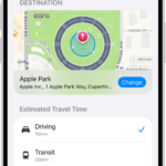 A Check In showing a map and estimated travel times for Driving, Transit, and Walking. At the bottom is a button to Add Extra Time.
