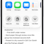 A note with an overlay showing sharing options.
