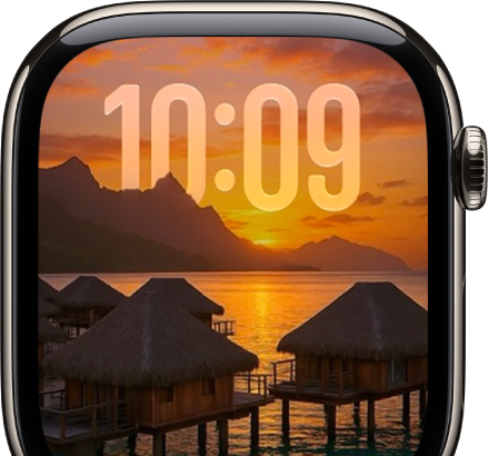 The Photos watch face showing a photo from a synced photo album. The time appears on the left of the screen.