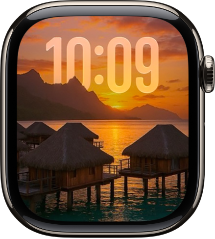 The Photos watch face showing a photo from a synced photo album. The time appears on the left of the screen.