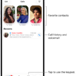 The Calls tab in the Phone app in Unified layout. Favorite contacts appear at the top. Below the Favorites is a list of recent calls and voicemail. Buttons to view the Calls, Contacts, and Keypad tabs appear at the bottom. The Search button is in the bottom-right corner.