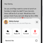 An email showing reply options. Across the middle of the screen, from left to right, are Reply, Reply All, Forward, and Trash.
