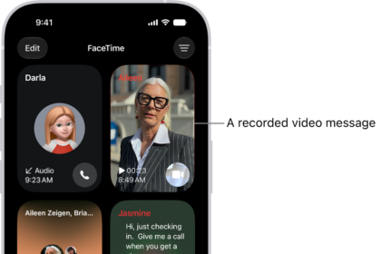 The FaceTime call history, showing a suggested contact, a recorded video message, a voicemail, and a Group FaceTime video call.