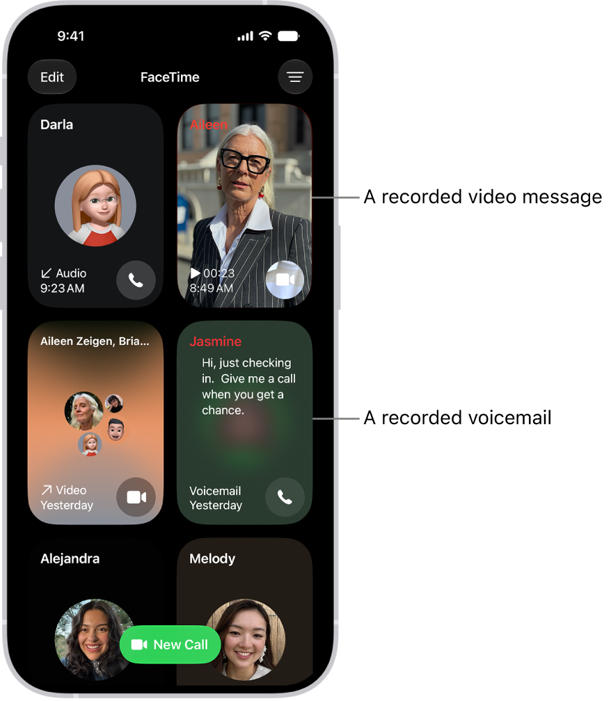 The FaceTime call history, showing a suggested contact, a recorded video message, a voicemail, and a Group FaceTime video call.