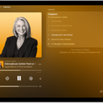 The Now Playing screen in the Podcasts app, showing the podcast artwork, the episode title, the playback controls, and the volume slider. At the right of the screen is a list of chapters. At the bottom of the screen is the AirPlay icon, the View Transcript button, and the Playing Next button.