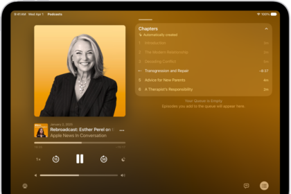 The Now Playing screen in the Podcasts app, showing the podcast artwork, the episode title, the playback controls, and the volume slider. At the right of the screen is a list of chapters. At the bottom of the screen is the AirPlay icon, the View Transcript button, and the Playing Next button.