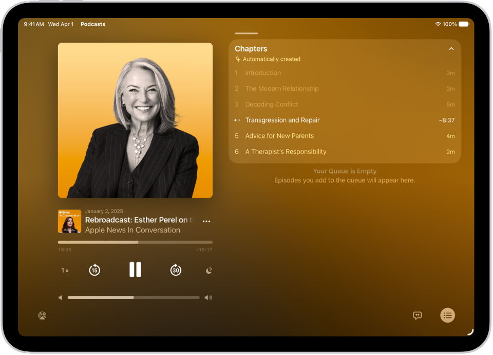 The Now Playing screen in the Podcasts app, showing the podcast artwork, the episode title, the playback controls, and the volume slider. At the right of the screen is a list of chapters. At the bottom of the screen is the AirPlay icon, the View Transcript button, and the Playing Next button.
