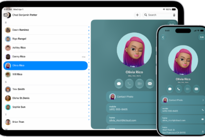 A contacts list on iPad and a contact card on iPhone