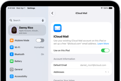 The Settings app, open to the iCloud Mail screen. Custom Email Domain is at the bottom of the menu.