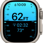 A Depth screen on Apple Watch Ultra, showing the current depth, elapsed time, and water temperature.