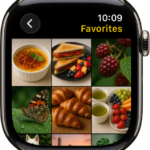 The Photos app on Apple Watch showing an album called Favorites, with several photos displayed in a grid.