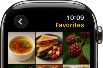The Photos app on Apple Watch showing an album called Favorites, with several photos displayed in a grid.