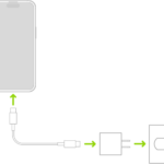 iPhone connected to the power adapter plugged into a power outlet.