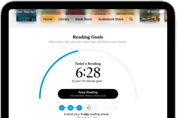 The Reading Goals screen showing stats for the user—such as today's reading, their reading record for the week, and their books read this year.