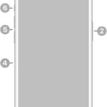 The front view of iPhone 14 Pro. The front camera is at the top center. The side button is on the right side. The Lightning connector is on the bottom. On the left side, from bottom to top, are the SIM tray, the volume buttons, and the Ring/Silent switch.
