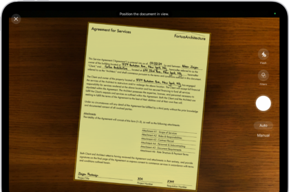 A screen showing a document being scanned. The Take Picture button is at the bottom center.