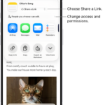 A collaboration invitation to a recipe in Notes, showing Share a Link for the share option and "People you choose can edit" as the access and permission setting. Below that, four different ways to share the note are presented: AirDrop, Messages, Mail, and Reminders.