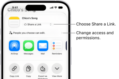 A collaboration invitation to a recipe in Notes, showing Share a Link for the share option and "People you choose can edit" as the access and permission setting. Below that, four different ways to share the note are presented: AirDrop, Messages, Mail, and Reminders.